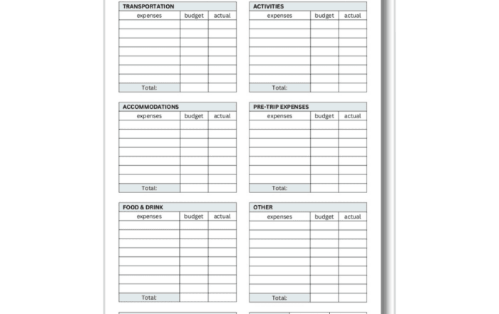 Travel Budget Planner- printable Travel Budget Planner grid