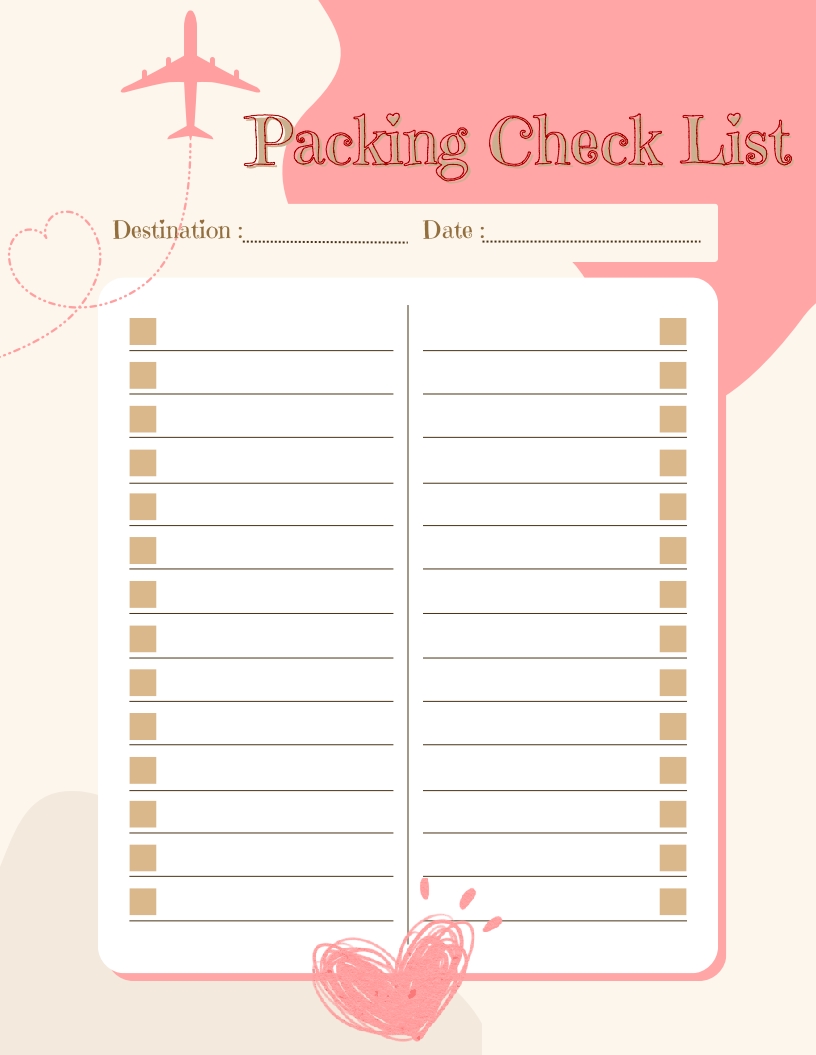 Travel Packing Checklist Heart - printable - Image 2