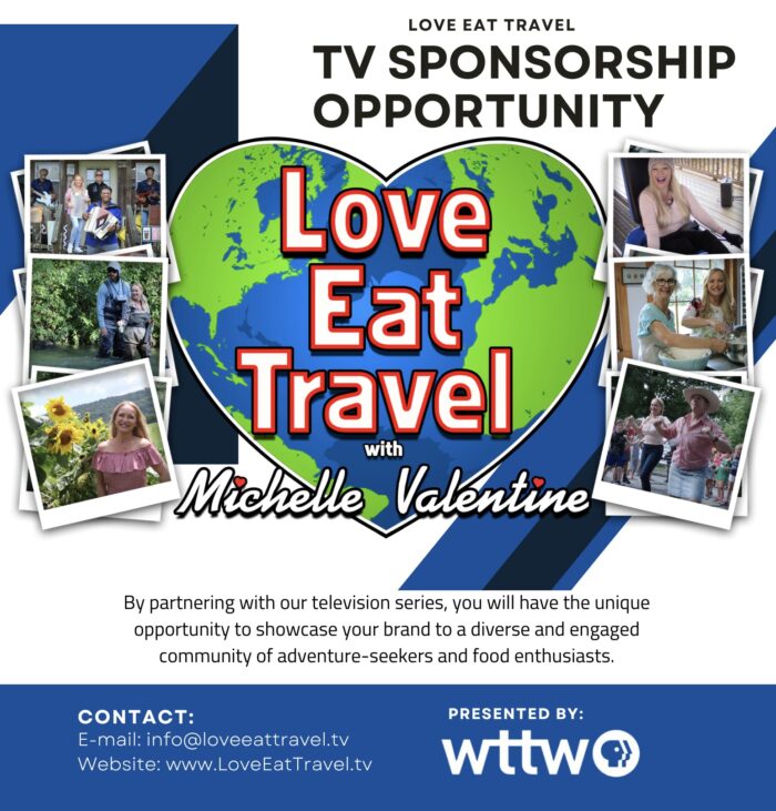 Love Eat Travel with Michelle Valentine Now Accepting Sponsors for PBS National Television Series Blue and White Simple Bordered Sponsorship Proposal - 1