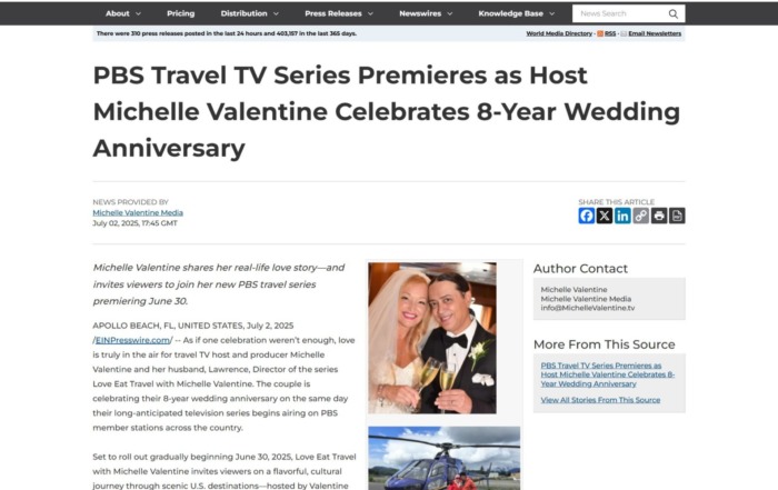 Michelle Valentine’s PBS TV Show Premieres — Featured on EIN Presswire! PBS-Travel-TV-Series-Premieres-as-Host-Michelle-Valentine-Celebrates-8-Year-Wedding-Anniversary-07-05-2025_01_44_PM_EIN_Newswire_crop