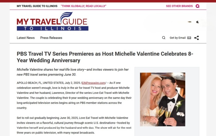 "My Travel Guide to Illinois" Featured Love Eat Travel Press Release PBS-Travel-TV-Series-Premieres-as-Host-Michelle-Valentine-Celebrates-8-Year-Wedding-Anniversary-My-Travel-Guide-to-Illinois-07-26-2025_09_21_AM