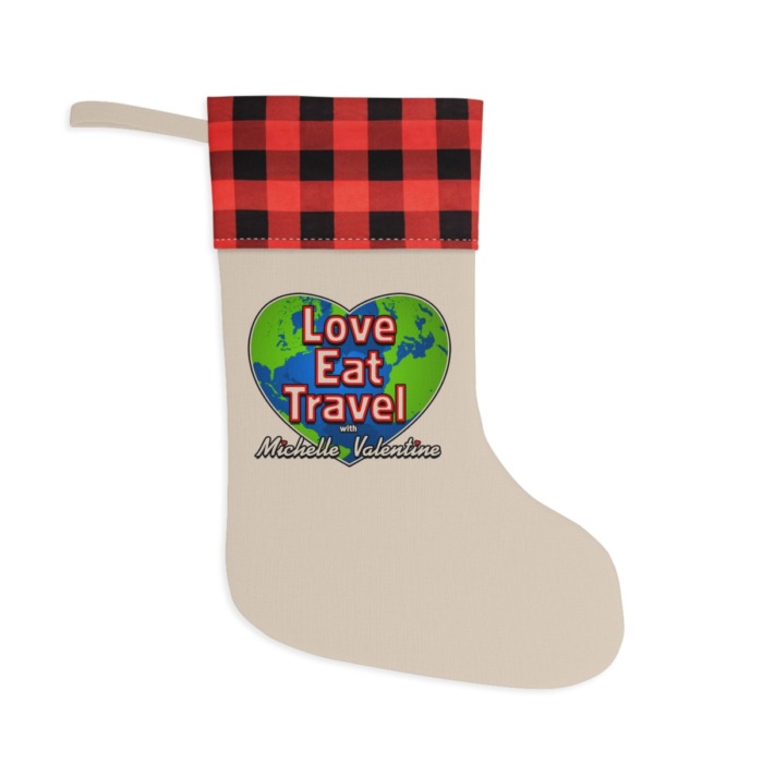 Love Eat Travel Christmas Stocking – with Globe Heart Logo