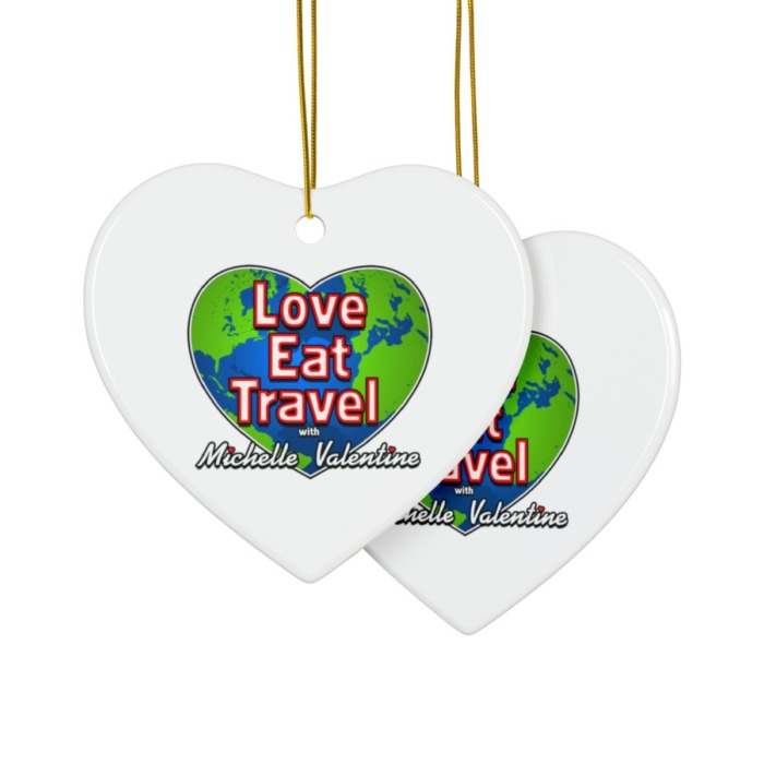 Love Eat Travel Ceramic Ornament – Heart Shape - Image 2