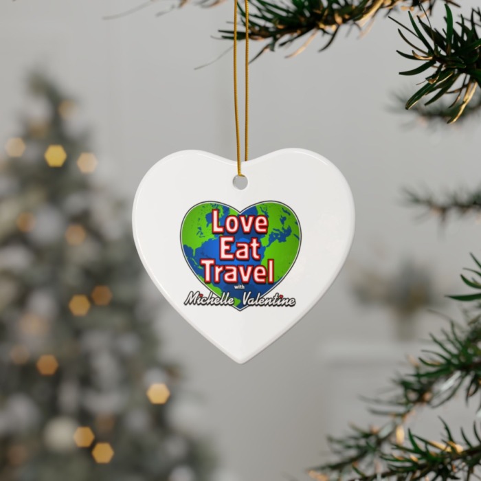 Love Eat Travel Ceramic Ornament – Heart Shape - Image 3